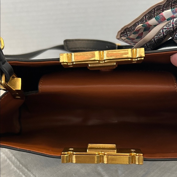 Tory Burch $700 Black Eleanor Spazoletto Satchel with Gold Logo and Ribbon - Picture 8 of 12